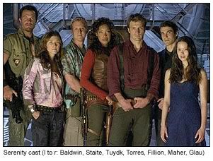 Serenity cast -- l to r: Baldwin, Staite, Tuydk, Torres, Fillion, Maher, Glau [Universal Pictures]