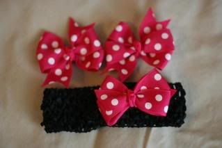 2 small shocking pink with white dots pinwheel bows, 1 small shocking pink with white dots boutique bow