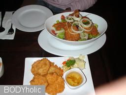 Starter: Fried shrimp cake (front), chicken salad (background)