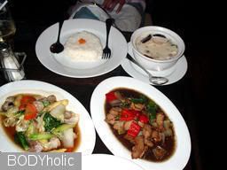 Stir fried veg, pork and tom kha gai