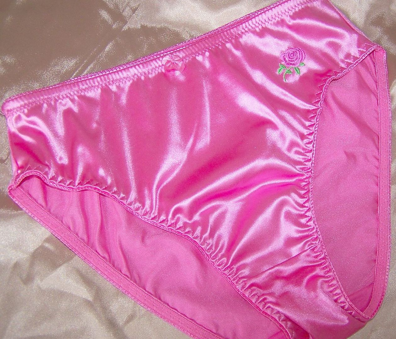 New Hot Pink Fuchsia Shiny Satin Embroidered Rose Sissy Panties L 7