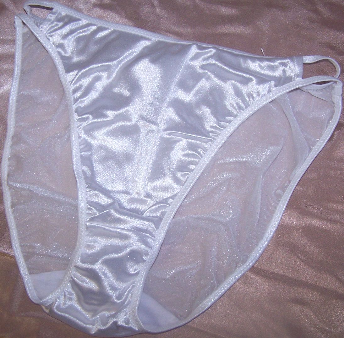 White Satin Sheer Glitter Full Back Double String Nylon Spandex Sissy