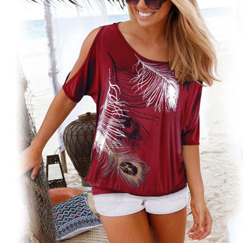 Women Short Split Sleeve Casual Feather Print T Shirt Tops Blouse Usa