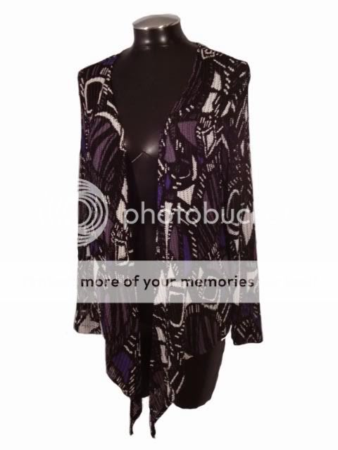 Chicos 2 L Purple Black White Print Stretch Jacket Drape Tie 