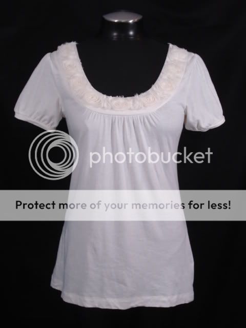 Ann Taylor LOFT S White Fringe Flower Applique Cotton Shirt Top Short 