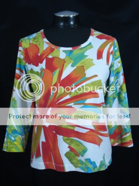 Chicos 1 M Orange Red Green Stretch Cotton Shirt Top Bold Floral Print 