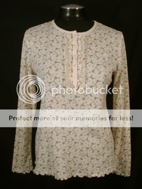   Lauren L Floral Lace Ruffle Trim Half Button Cotton Shirt Top Jersey