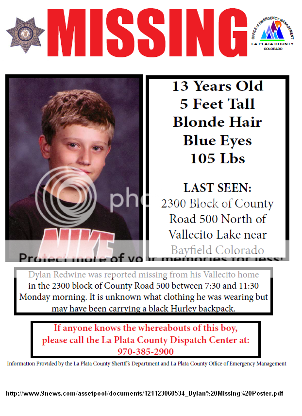 Dylan Redwine, 13yrs old, last seen 11/19/12, Vallecito, CO REMAINS FOUND