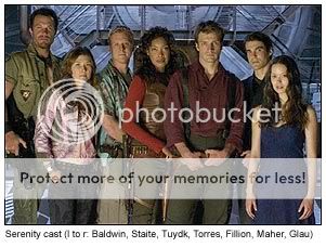 Serenity cast -- l to r: Baldwin, Staite, Tuydk, Torres, Fillion, Maher, Glau [Universal Pictures]